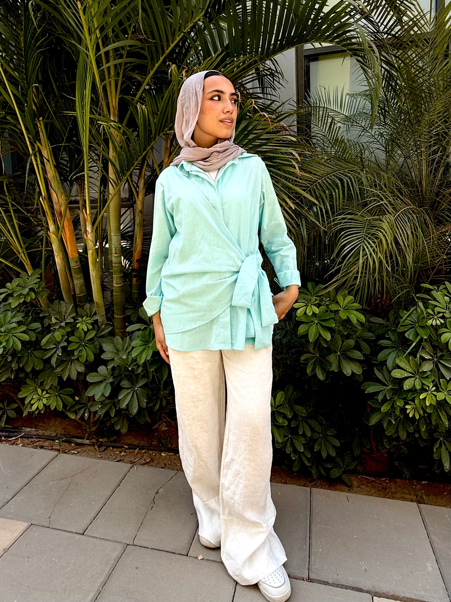 Aqua Side tie linen shirt