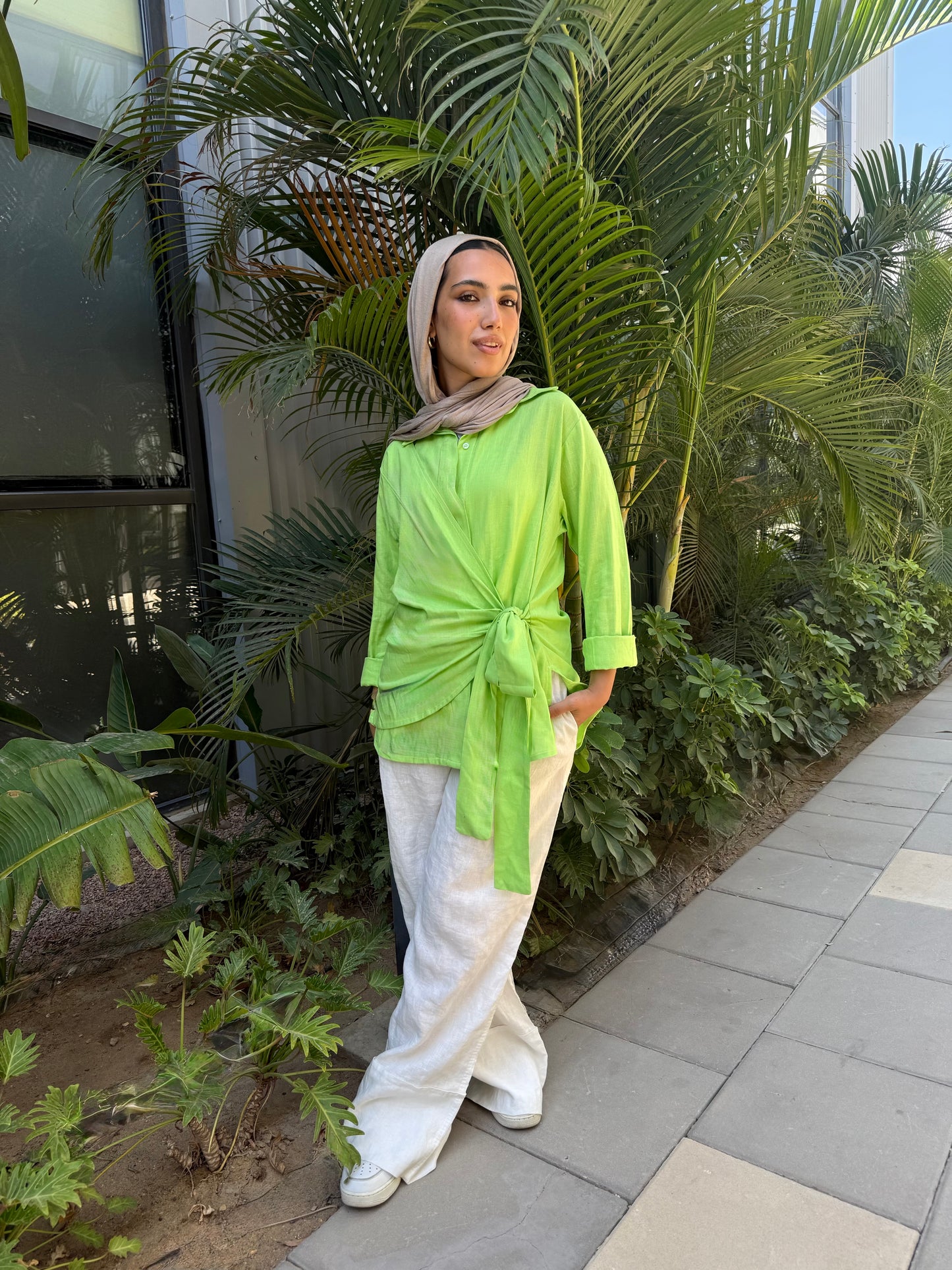 Apple green side tie linen shirt