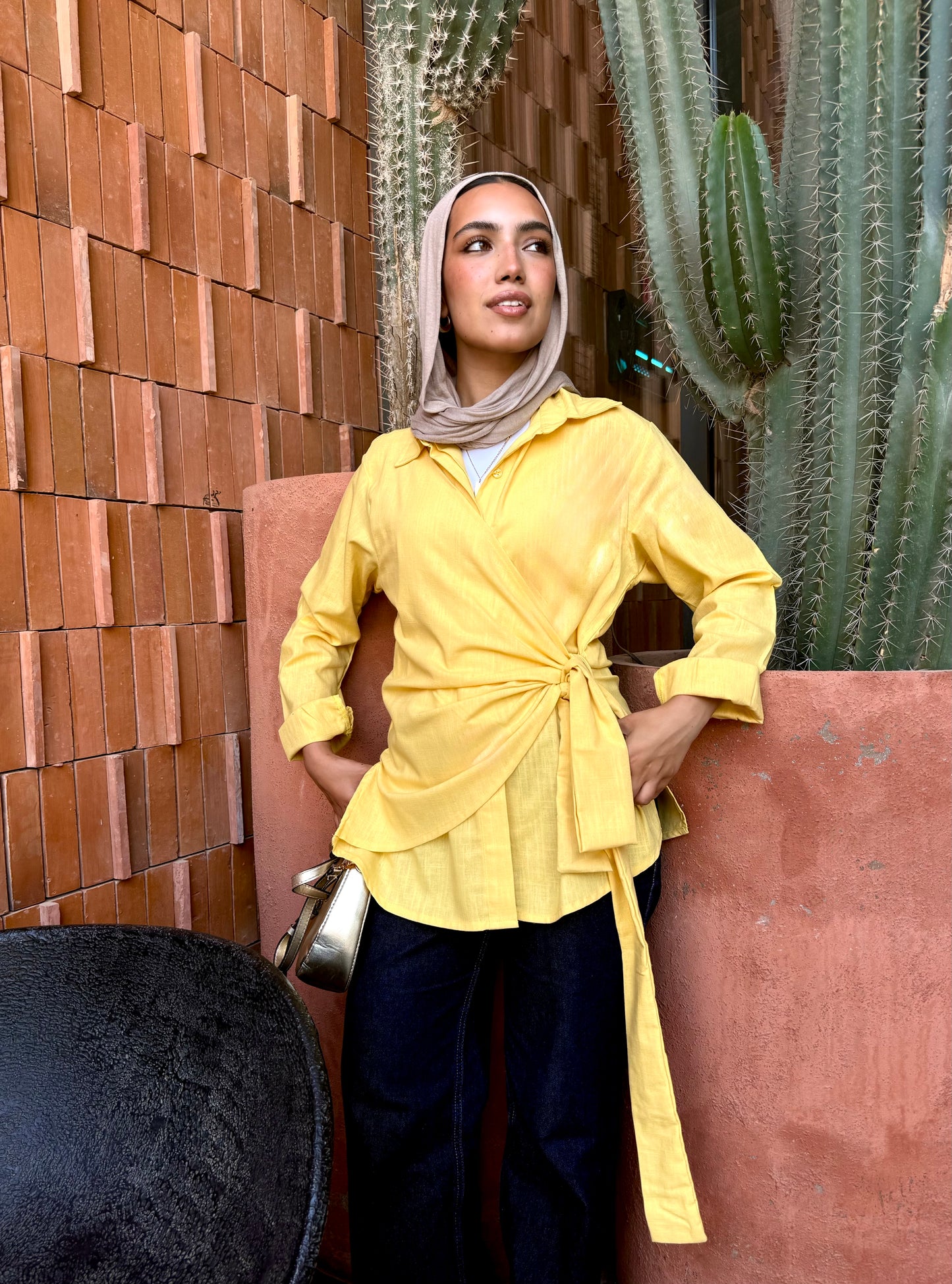 Yellow side tie linen shirt