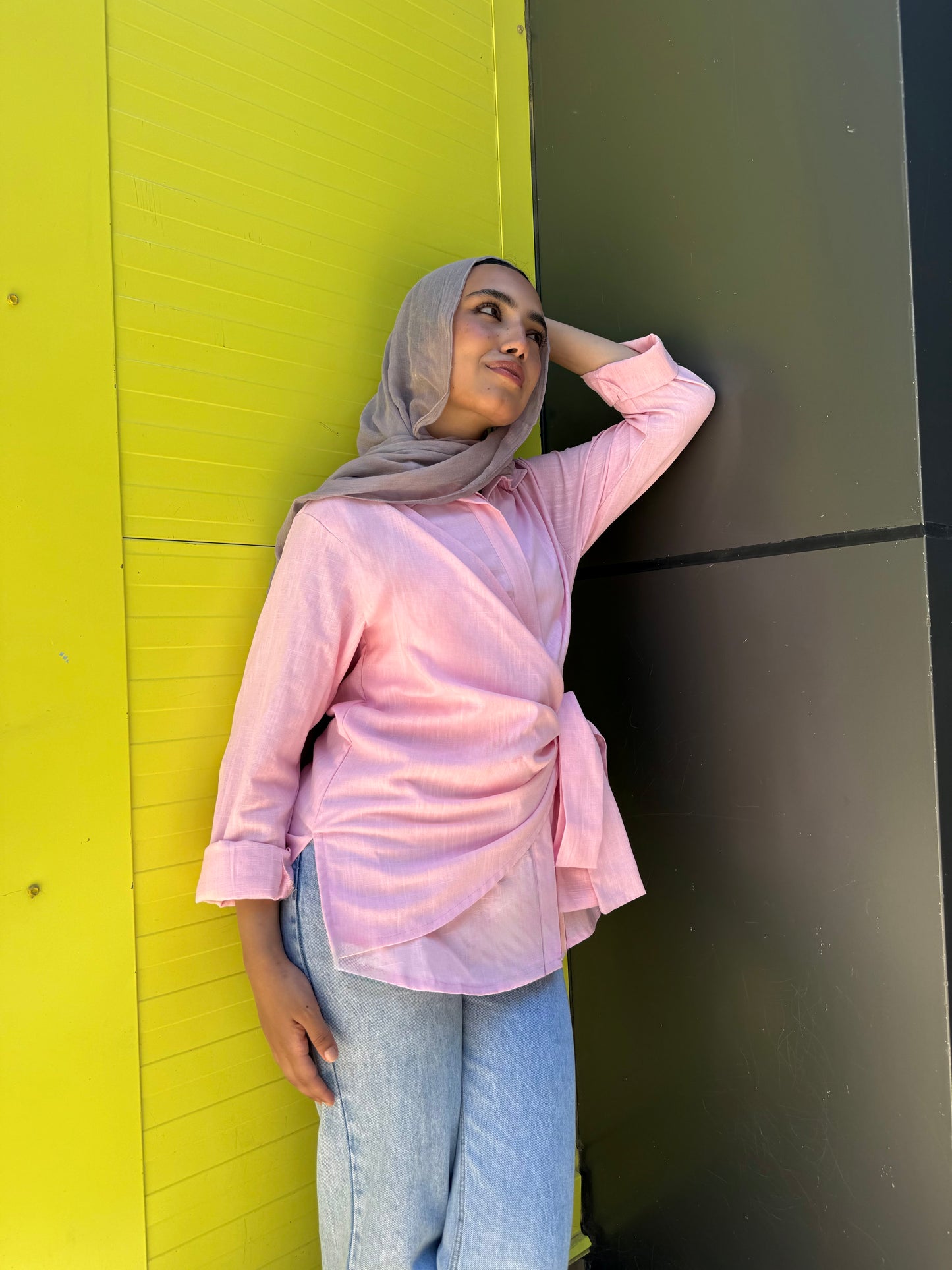 Powder pink side tie linen shirt