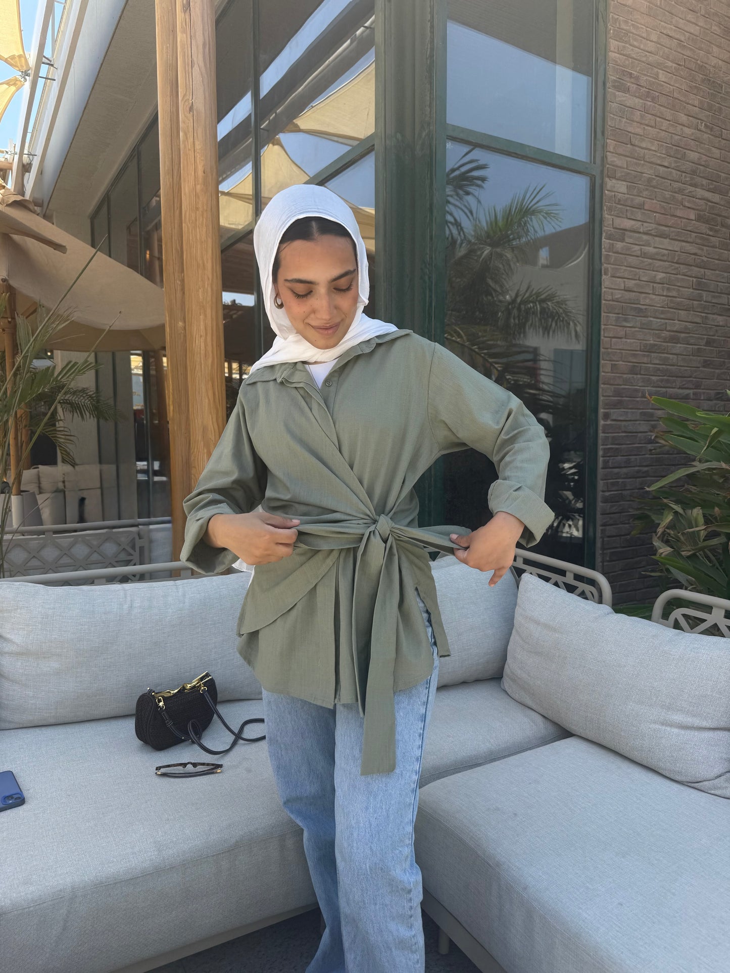 Olive side tie linen shirt