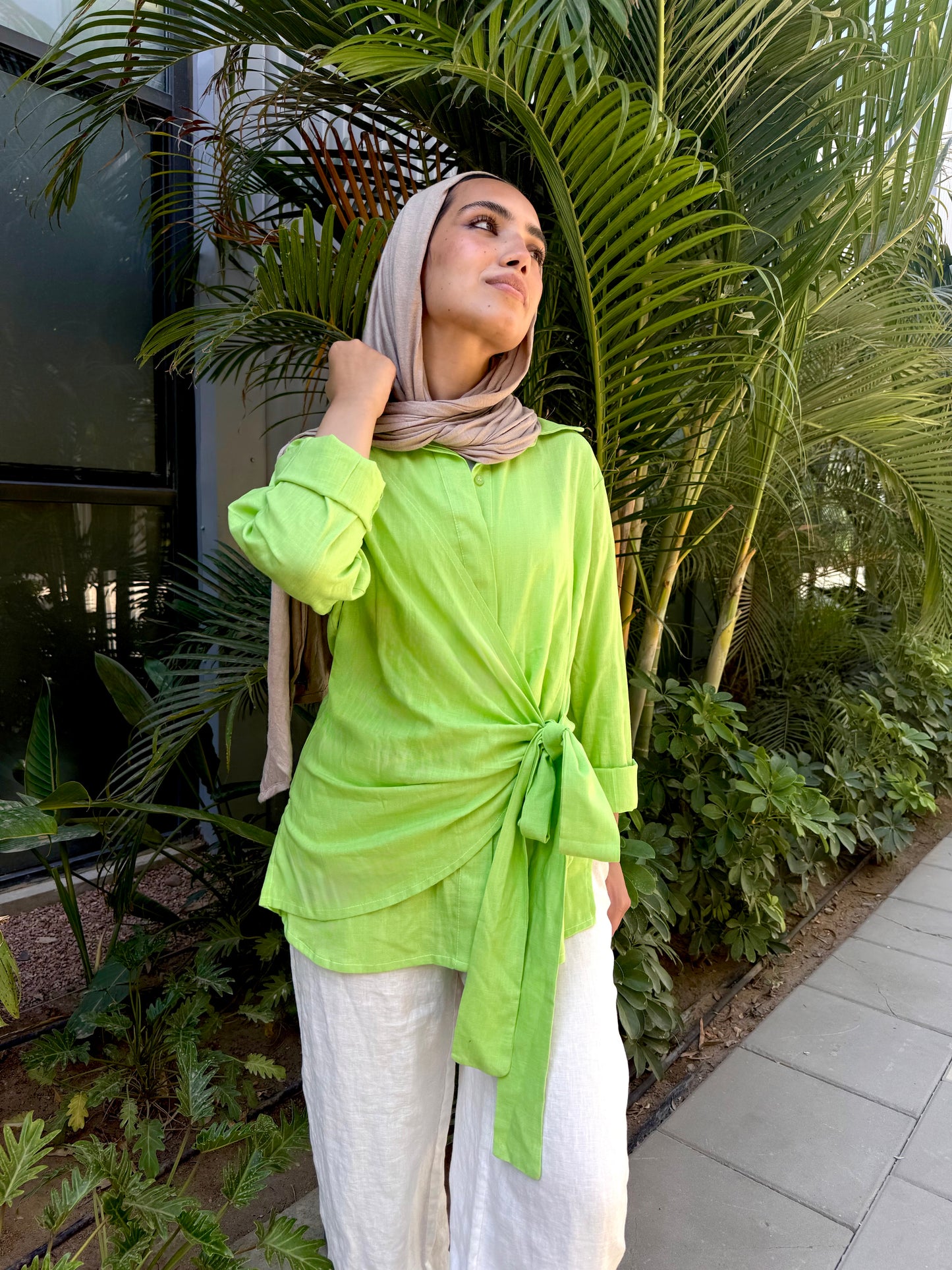 Apple green side tie linen shirt