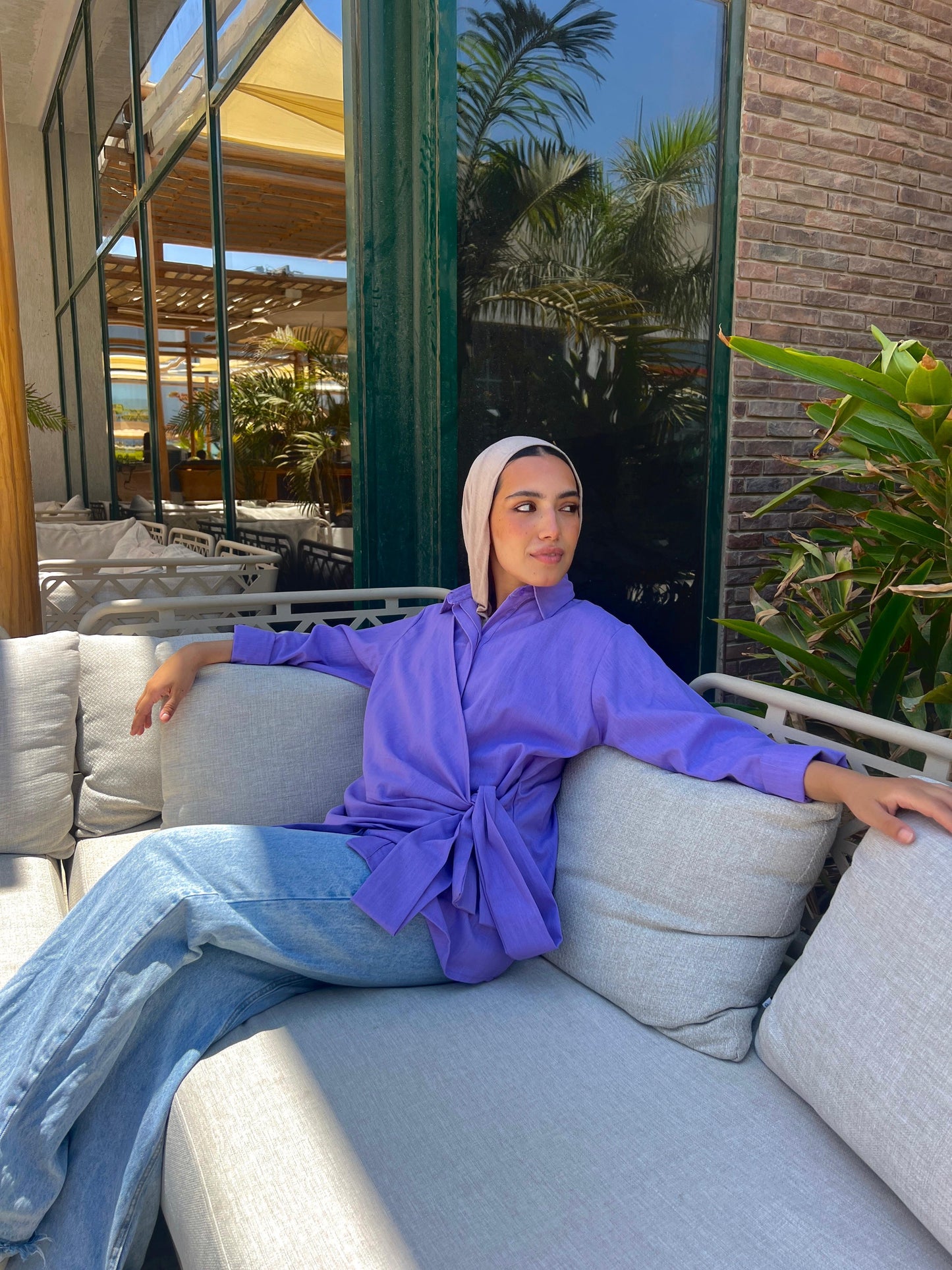 Purple side tie linen shirt