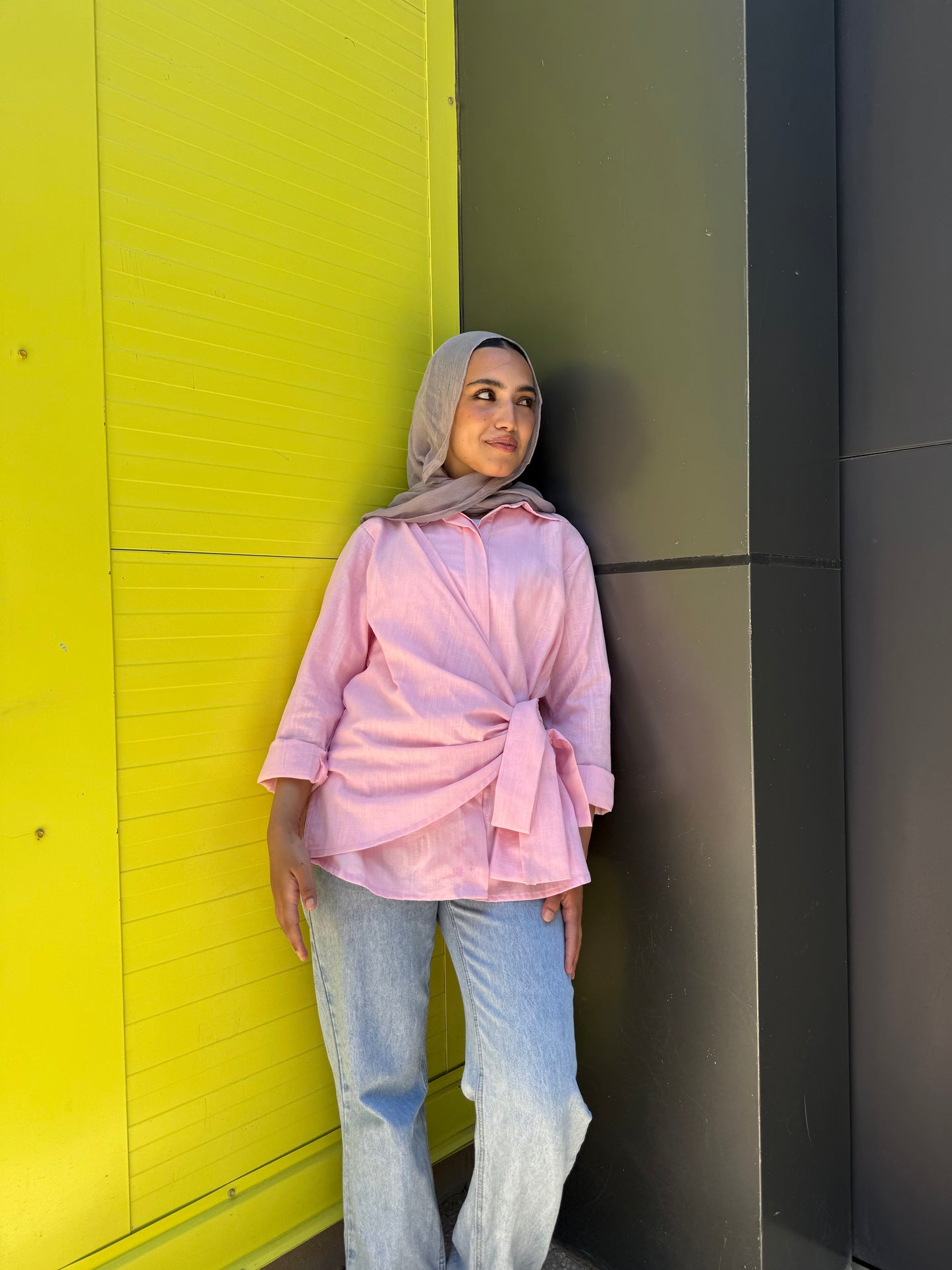 Powder pink side tie linen shirt