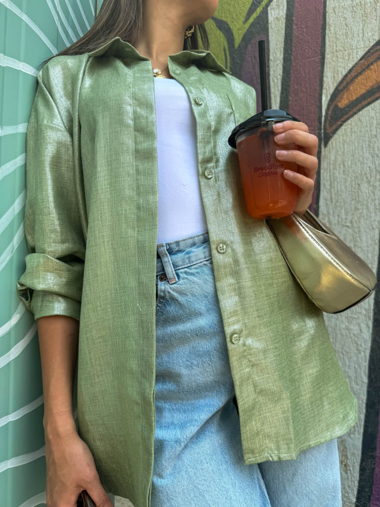 Apple green shimmery linen shirt