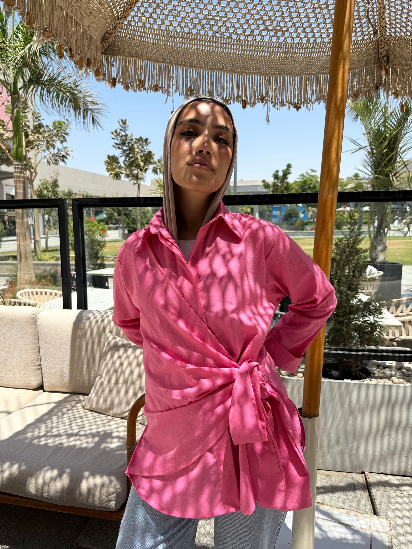 Fuchsia side tie linen shirt