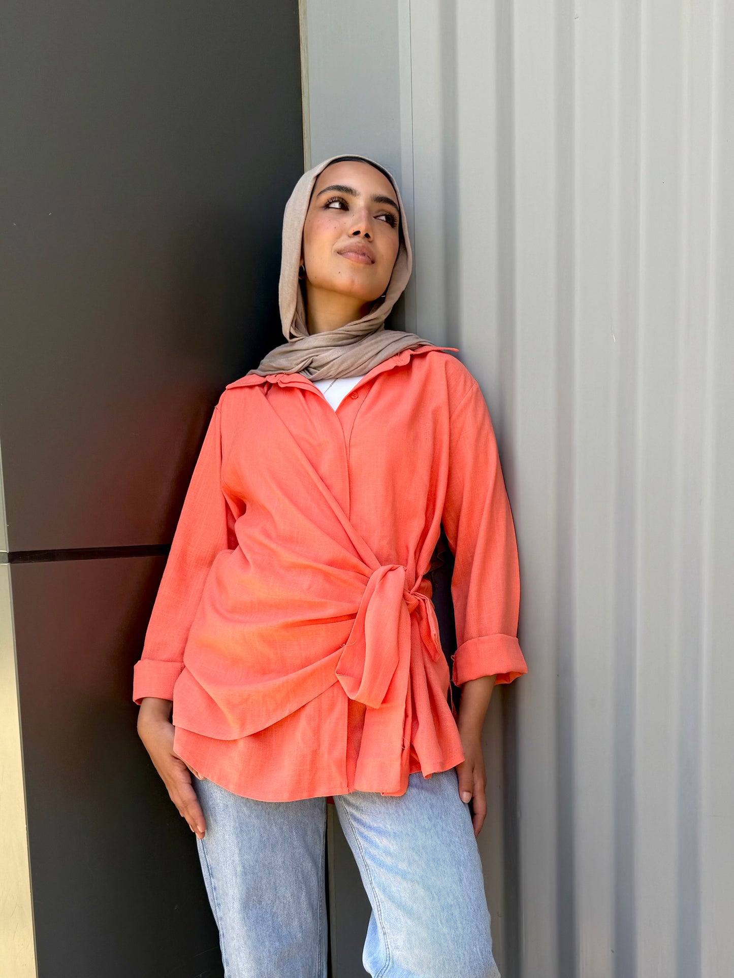 Orange Side tie linen shirt