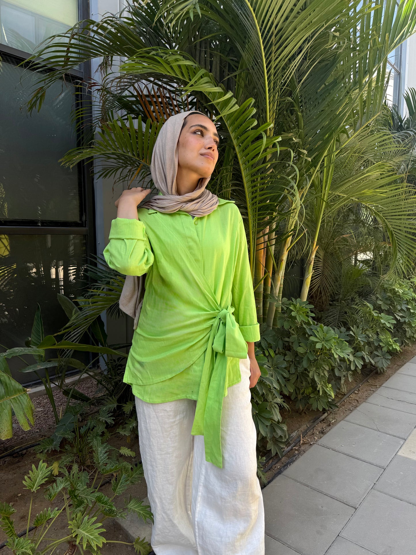 Apple green side tie linen shirt