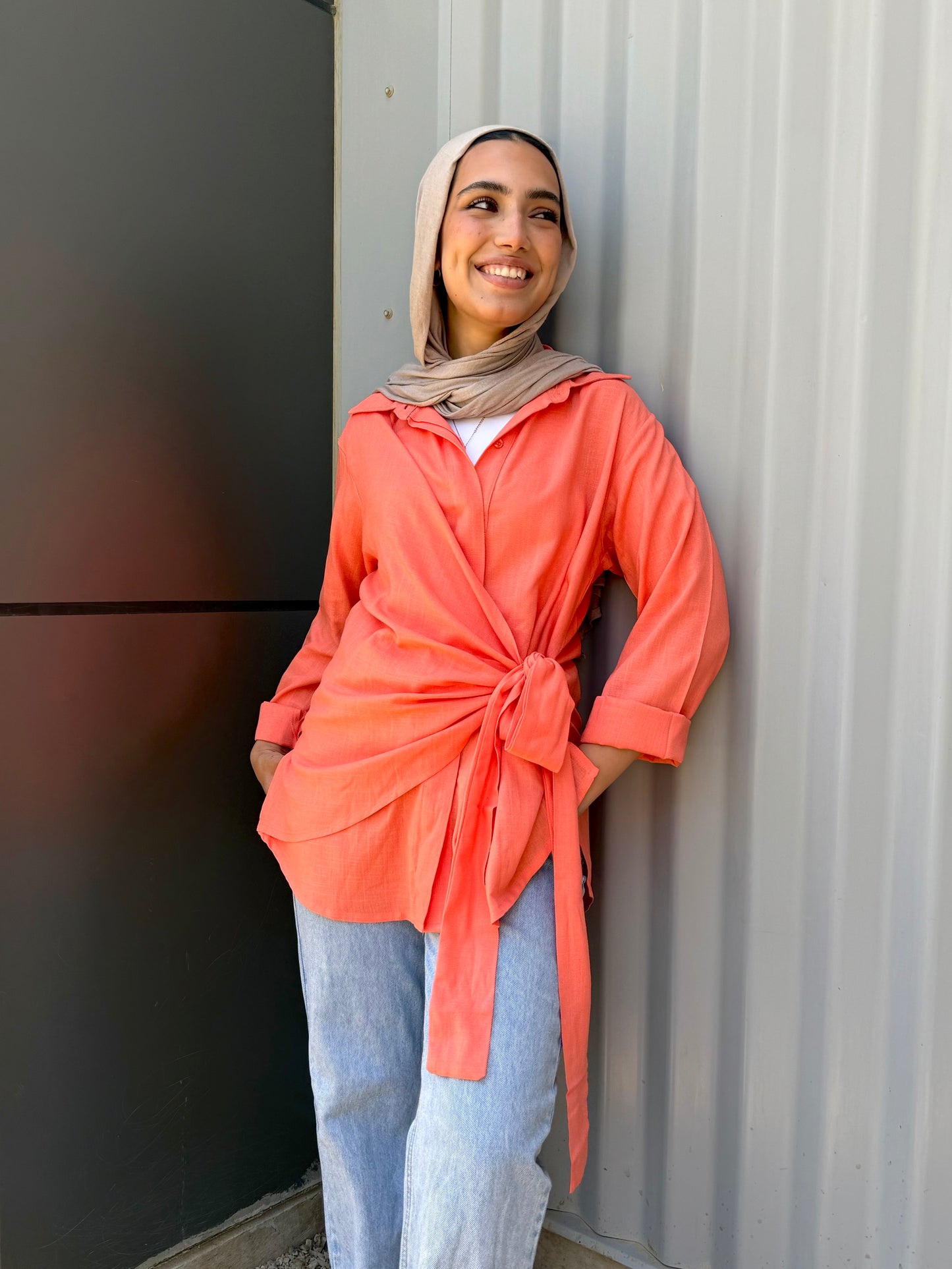 Orange Side tie linen shirt