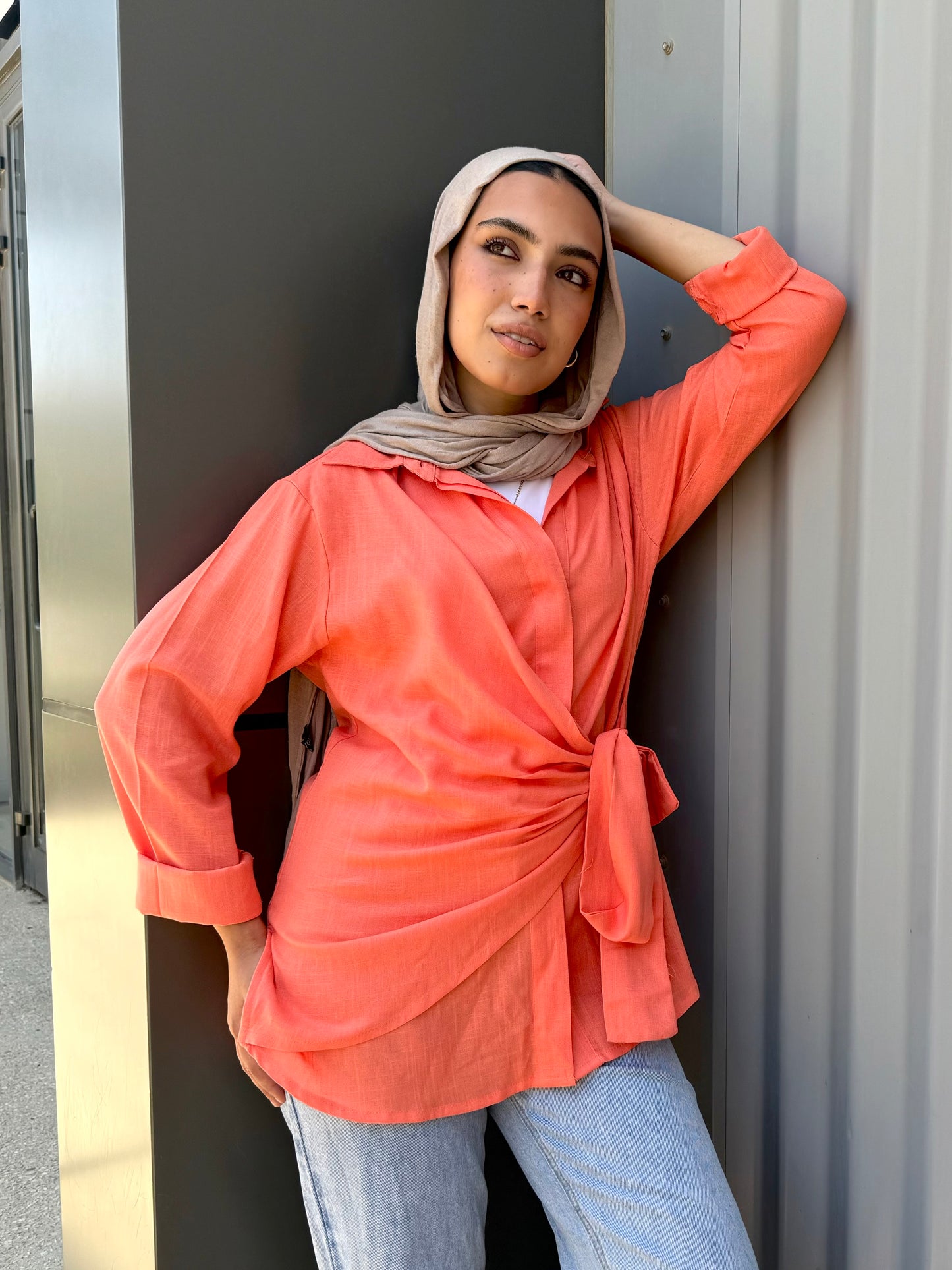 Orange Side tie linen shirt