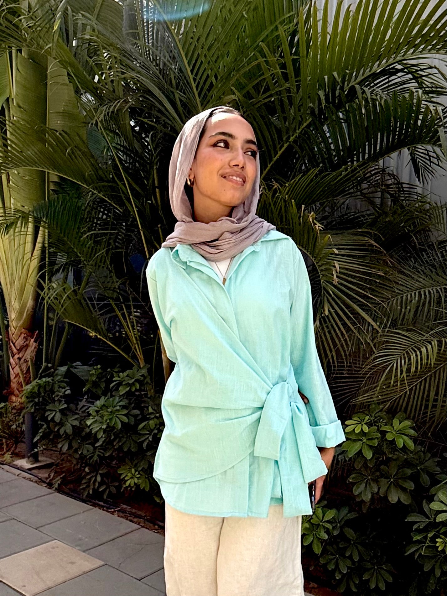 Aqua Side tie linen shirt