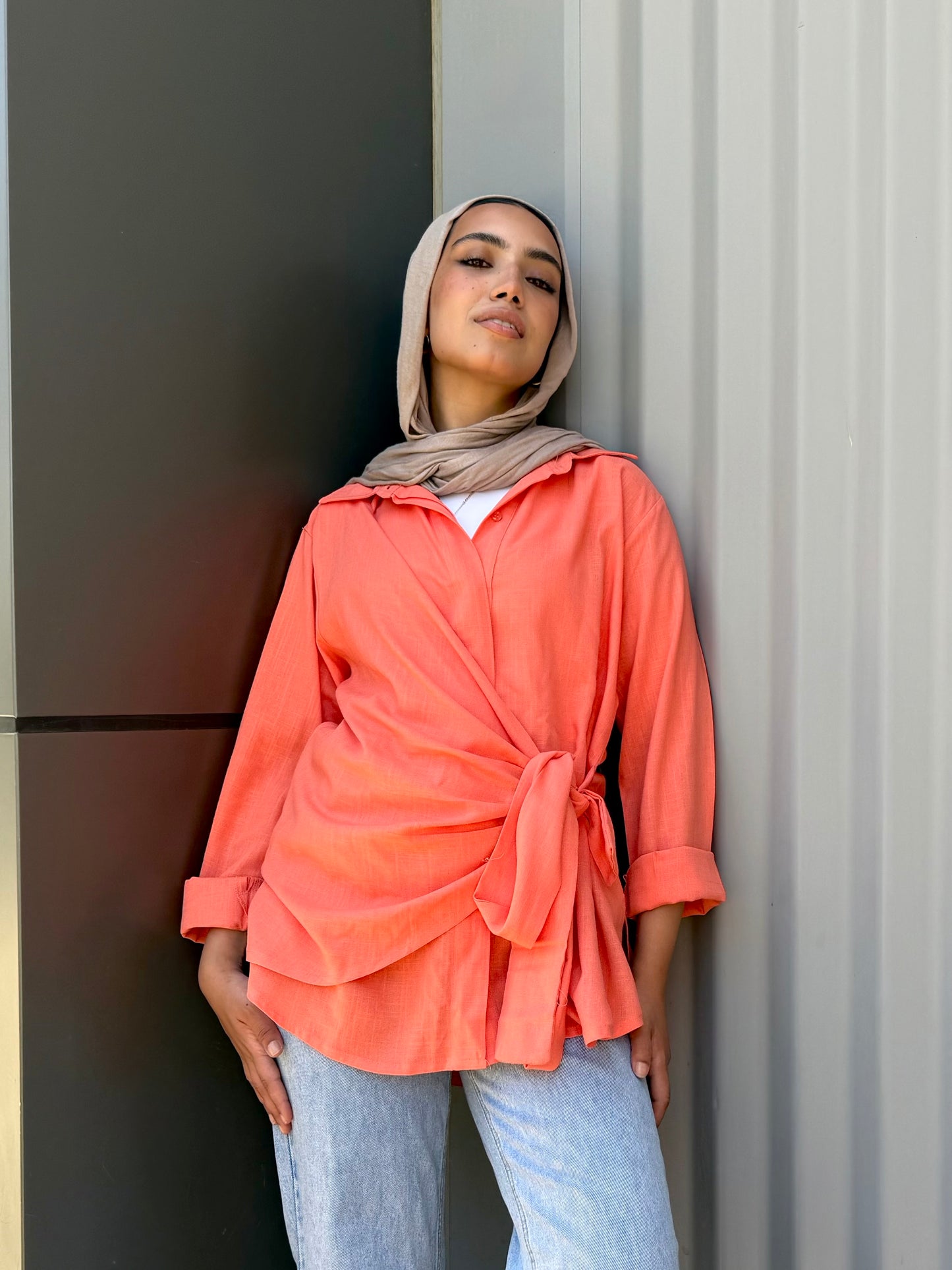 Orange Side tie linen shirt