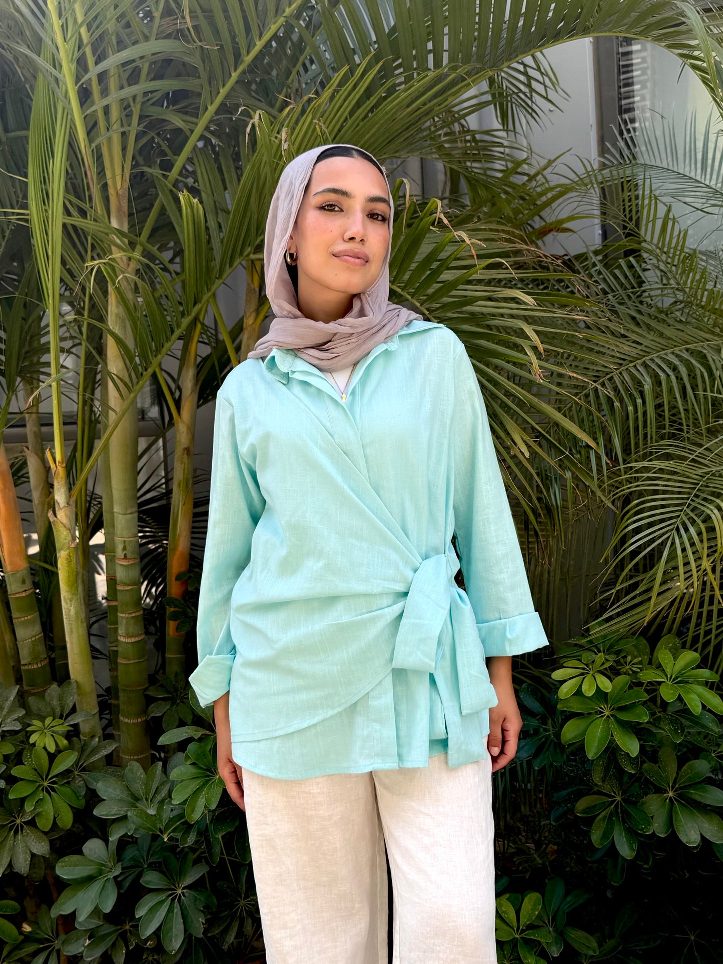 Aqua Side tie linen shirt