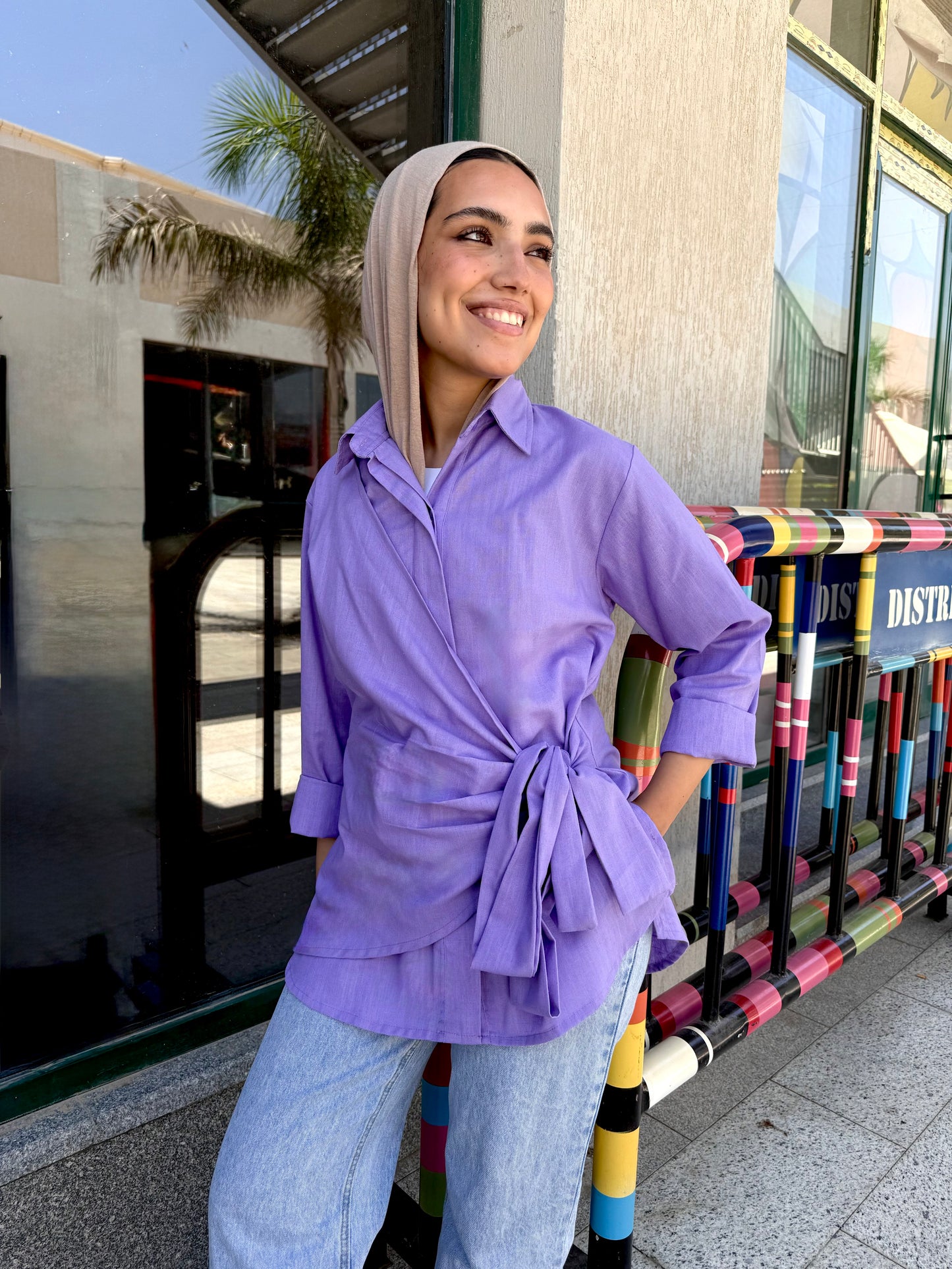 Purple side tie linen shirt