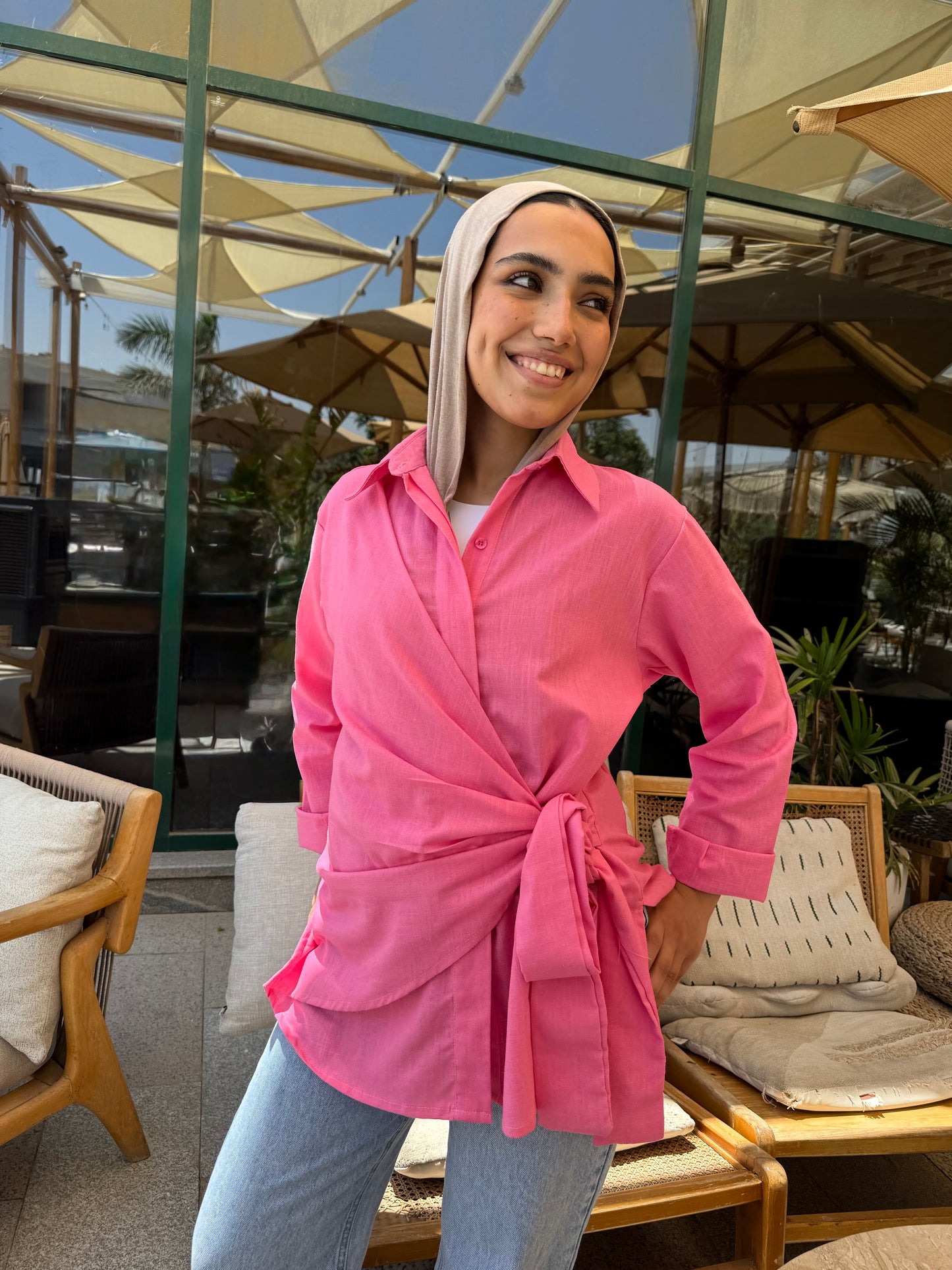 Fuchsia side tie linen shirt
