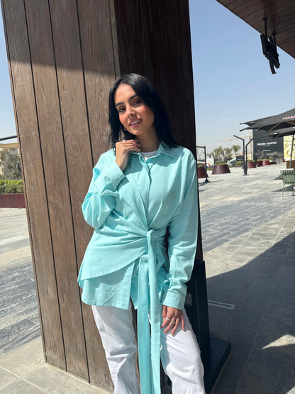 Aqua Side tie linen shirt