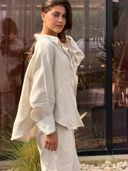 Linen round shirt in Beige