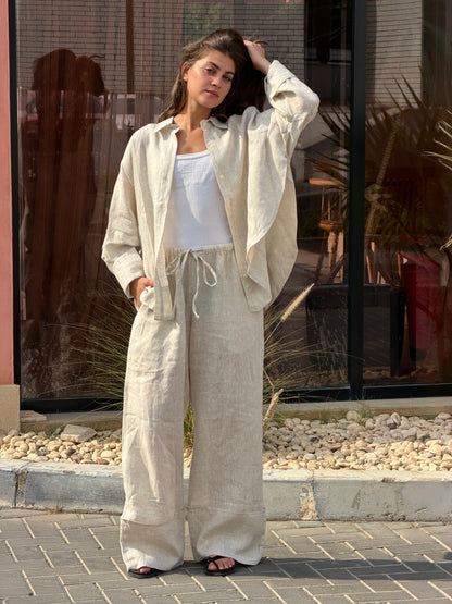 Linen round shirt in Beige