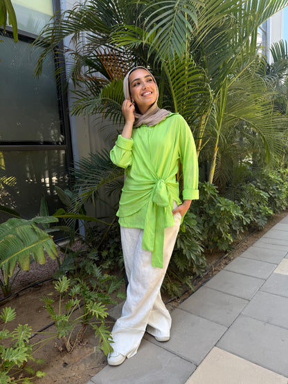 Apple green side tie linen shirt