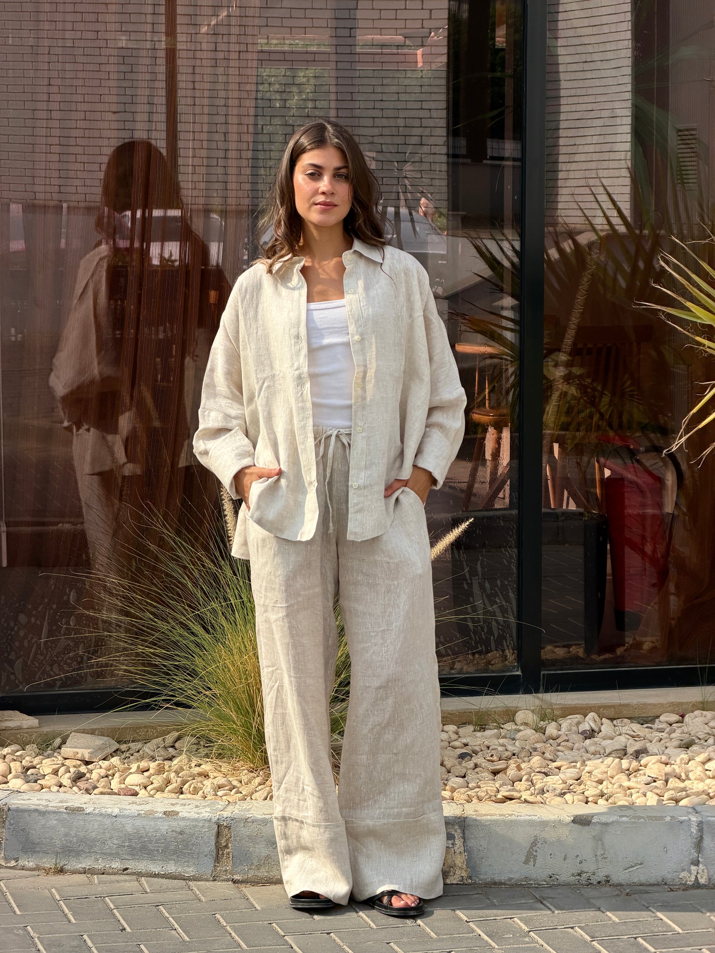 Linen round shirt in Beige