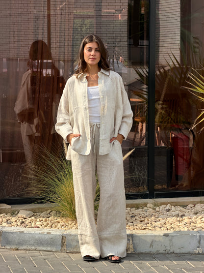 Linen round shirt in Beige