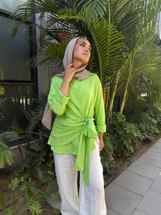 Apple green side tie linen shirt