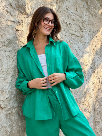 Linen round shirt in green