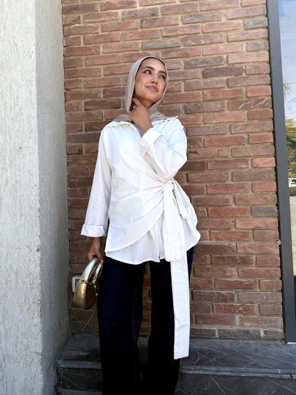 White side tie linen shirt