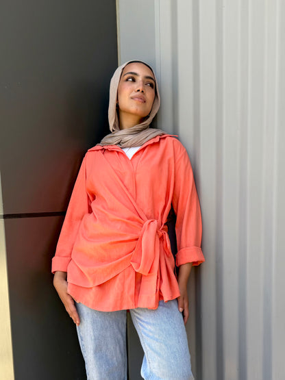 Orange Side tie linen shirt