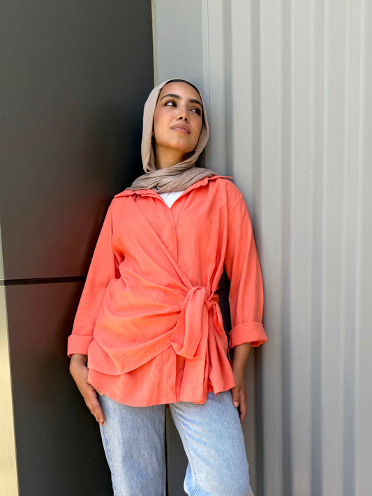 Orange Side tie linen shirt