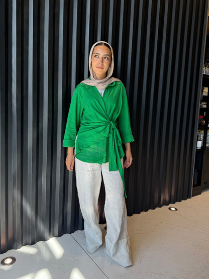 Green side tie linen shirt