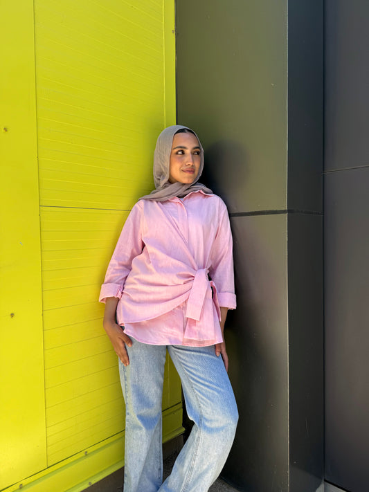 Powder pink side tie linen shirt