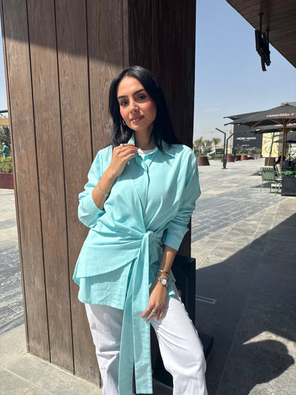 Aqua Side tie linen shirt