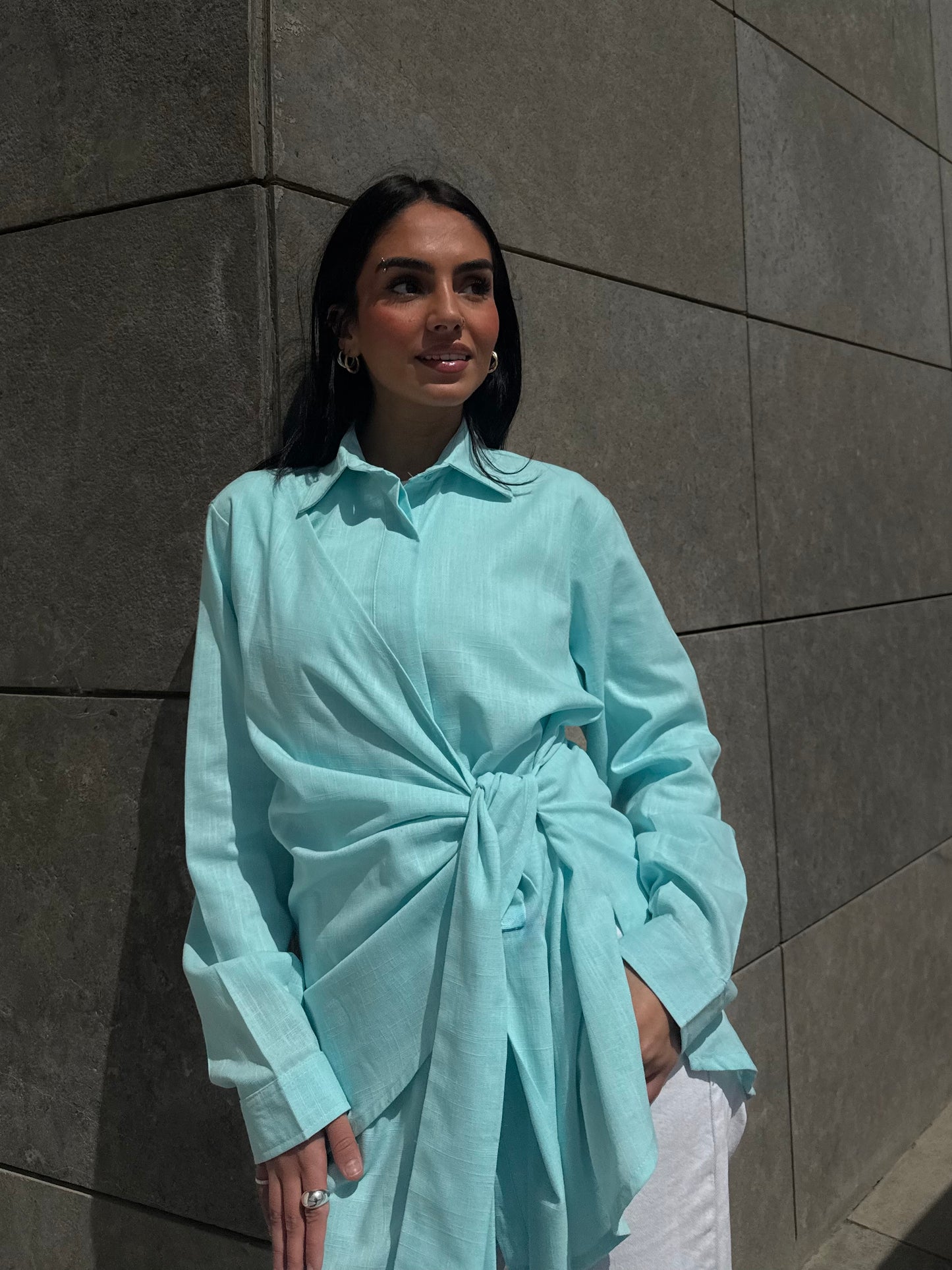 Aqua Side tie linen shirt