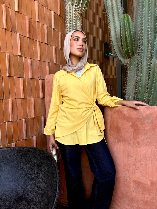 Yellow side tie linen shirt