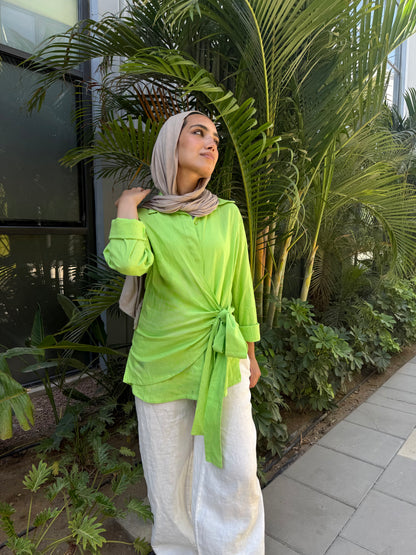 Apple green side tie linen shirt