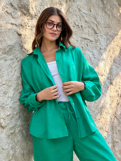 Linen round shirt in green