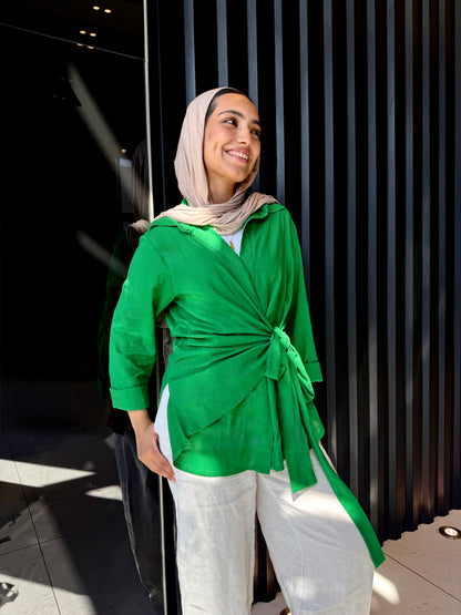 Green side tie linen shirt