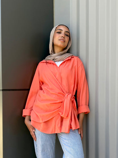 Orange Side tie linen shirt